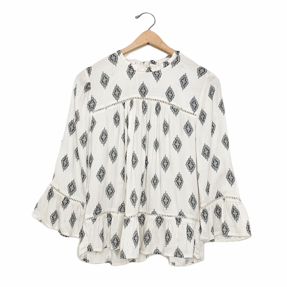 Lucky Brand Ivory Boho Print High Neck Long Sleeve Blouse Small S - Picture 1 of 9